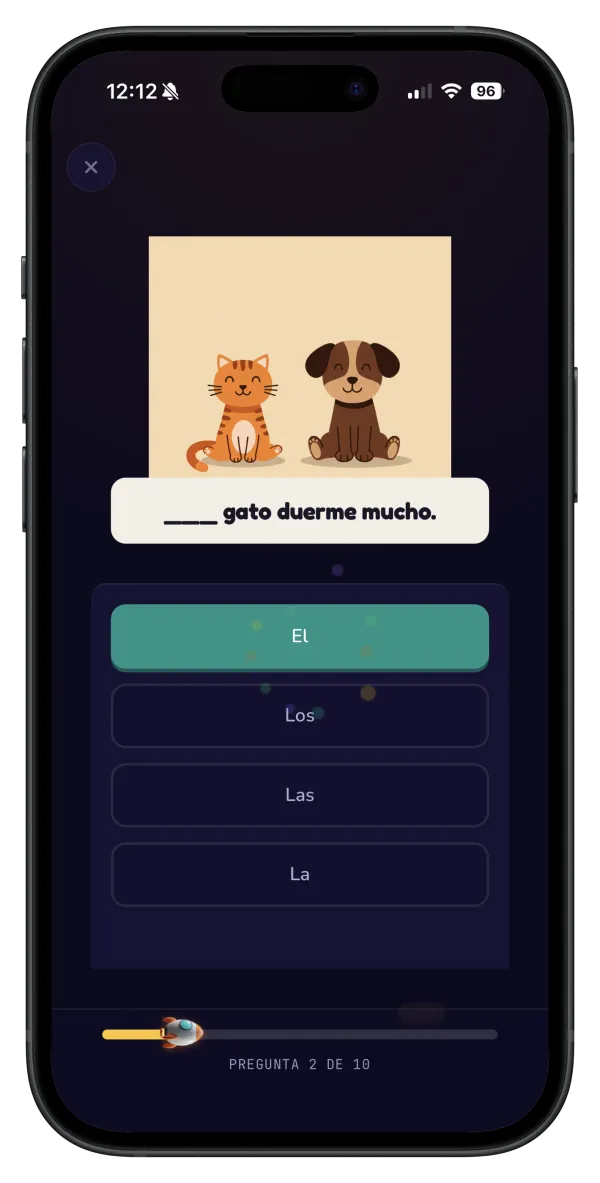 Pantalla de NumFox: completa la frase, ___ gato duerme mucho, opción El