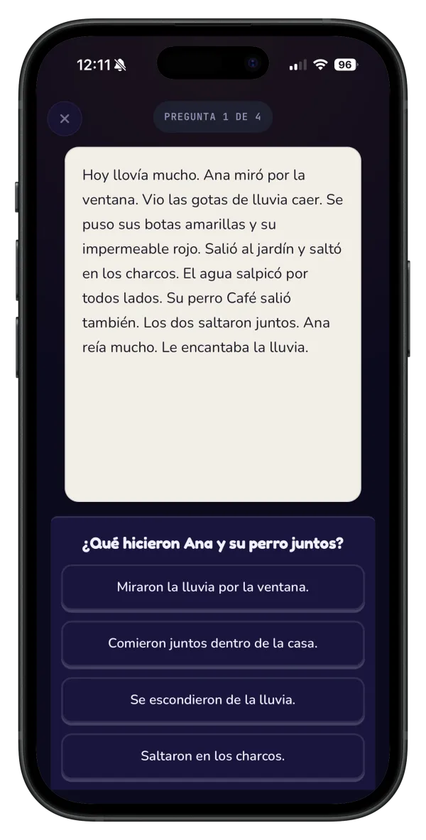 Pantalla de NumFox: pasaje de lectura sobre Ana y la lluvia con preguntas de comprensión