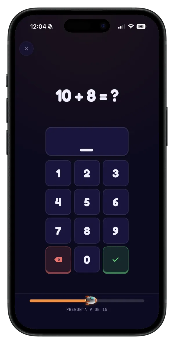Pantalla de NumFox: 10 + 8 = ?, teclado numérico