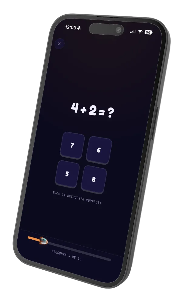 Pantalla de NumFox: 4 + 2 = ?, toca la respuesta correcta